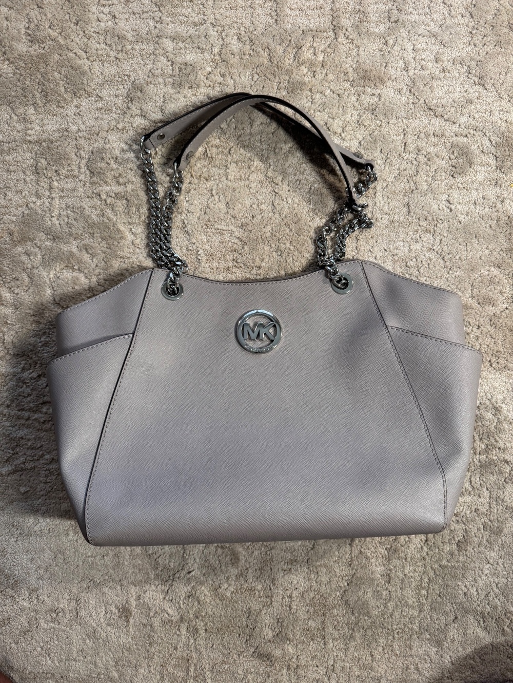 Michael Kors Jet Set Travel Gray Saffiano Leather Chain Tote Bag Silver MK